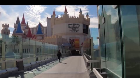 Up, up and over traffic in Las Vegas: Walking on the Tropicana/Las Vegas Blvd. pedestrian bridge