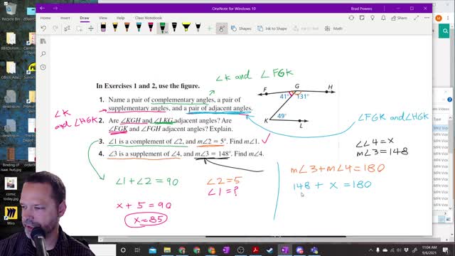 Geometry Section 1-6 - Finding Supplementary and Complementary Angles Examples