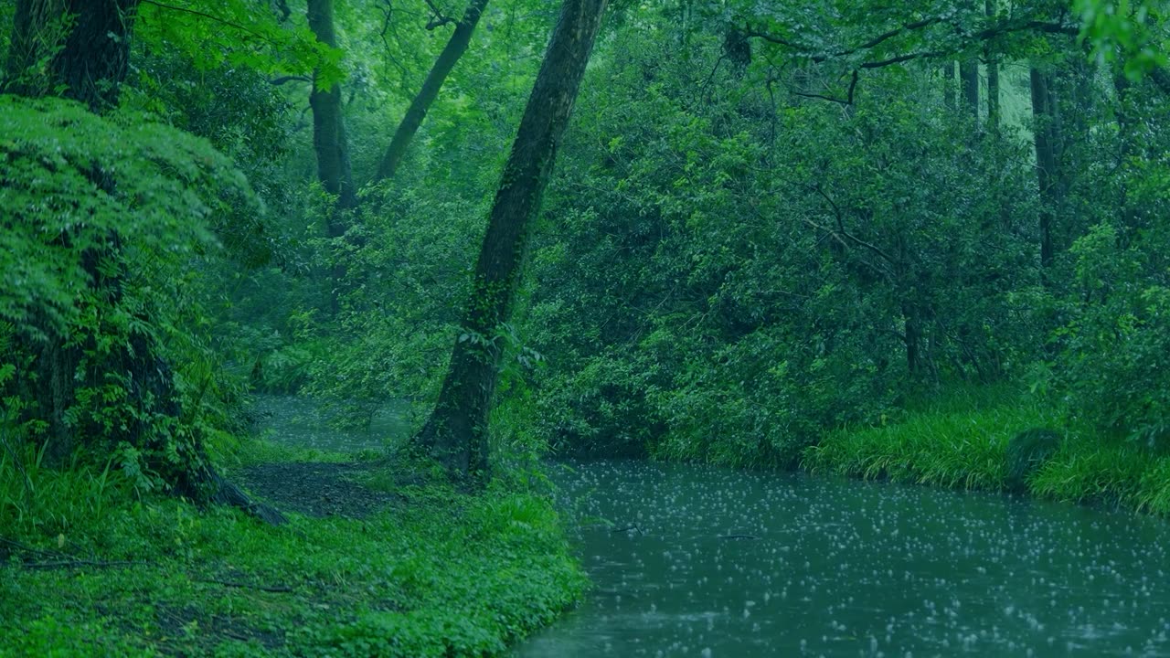 The beautiful little river is raining, sleep, relax, meditate, study, work, ASMR