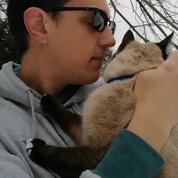 cuddling a cat who is afraid of the snow