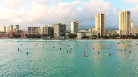 Surfers On The Sea Of A Beach In Hawaii