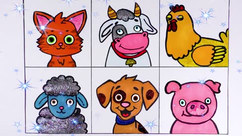 How to draw Farm Animals- Cat Dog Chicken and others-Glitter coloring for preschool