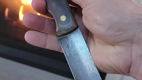 Tanto style Damascus steel blade, micarta, leather sheath