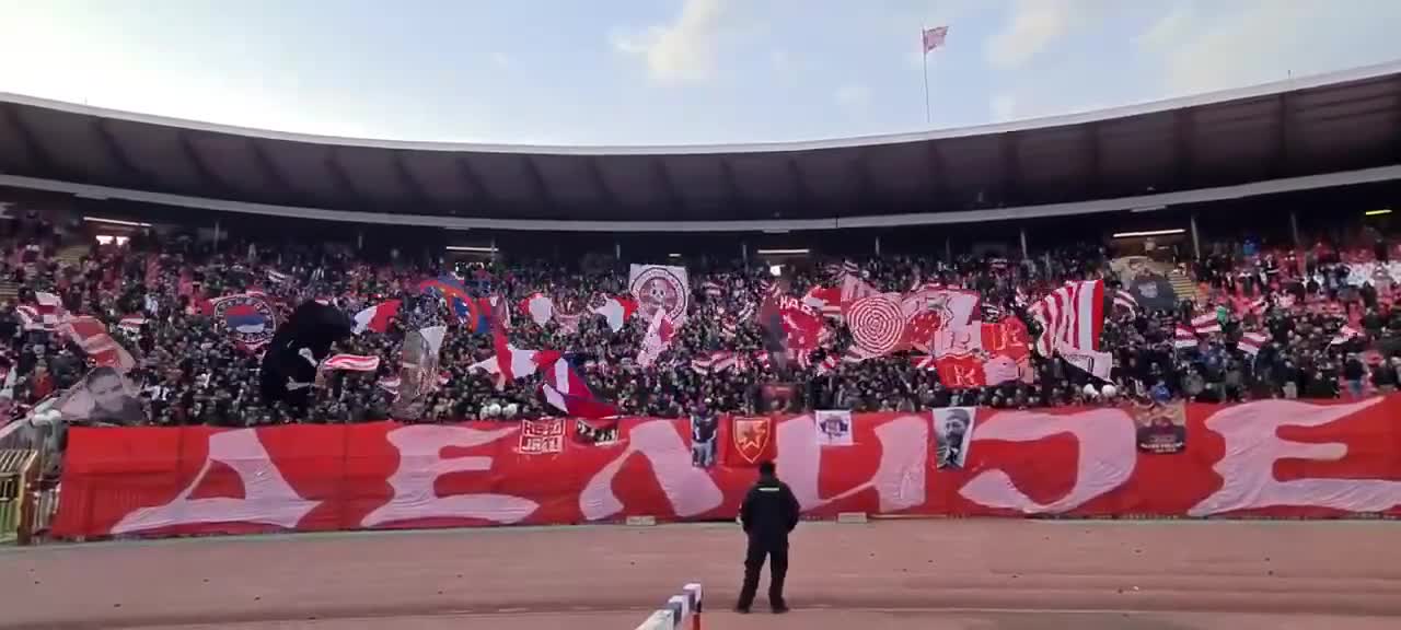 Serbian fans in the stands of FC Crvena Zvezda in the support of Russia