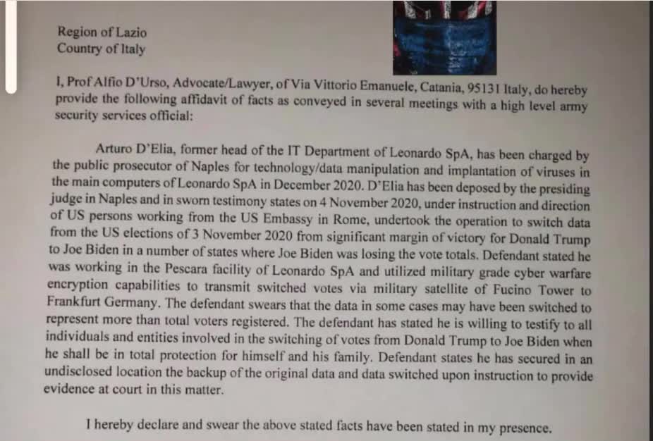 Italian Affidavit Testimony undertook operation to switch data from Trump to Biden