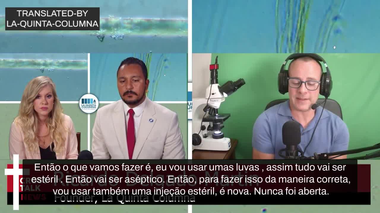 Edward Szall e Lauren Witzke mostram com o fundador da Quinta Columna o conteúdo da vacina Pfizer.