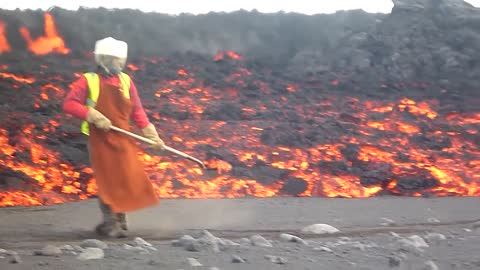 Sampling basalt lava