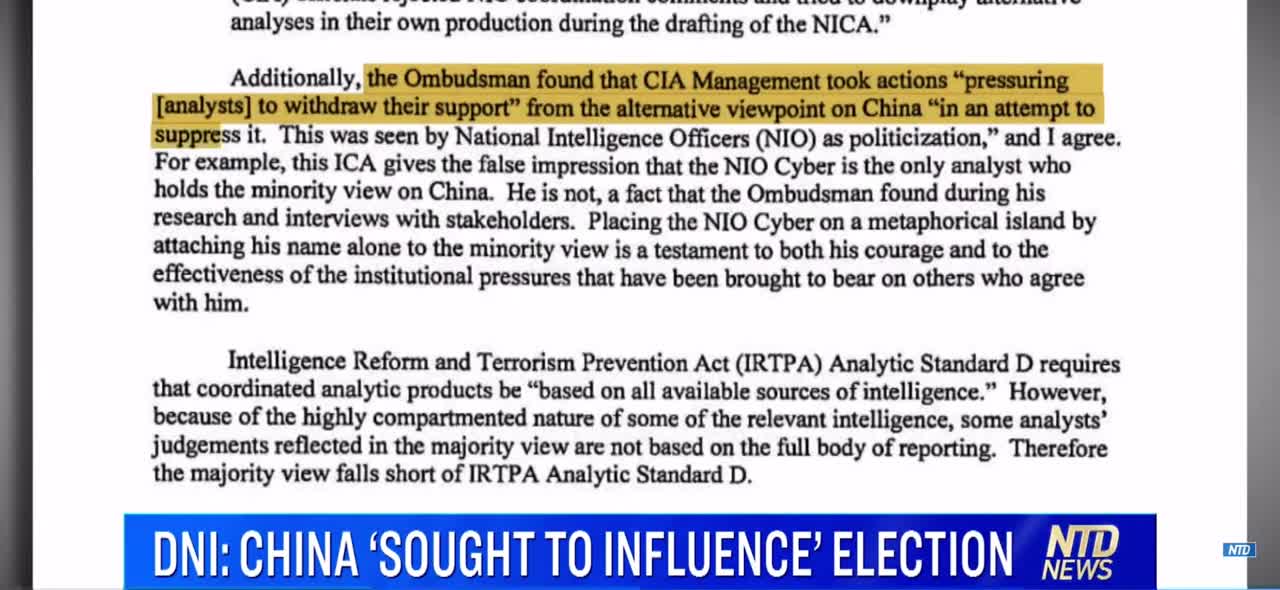 NTD News - DNI Ratcliffe China’s Interference of 2020 Election was suppressed by the CIA