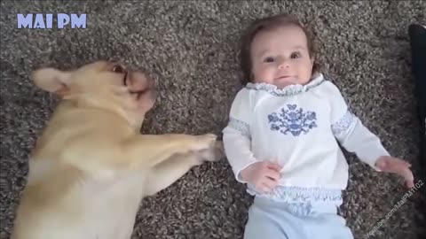 CUTE BABY AND FRENCH BULLDOG