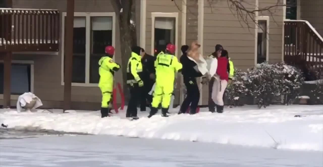 The dog fell into the frozen pool. The firemen started to rescue