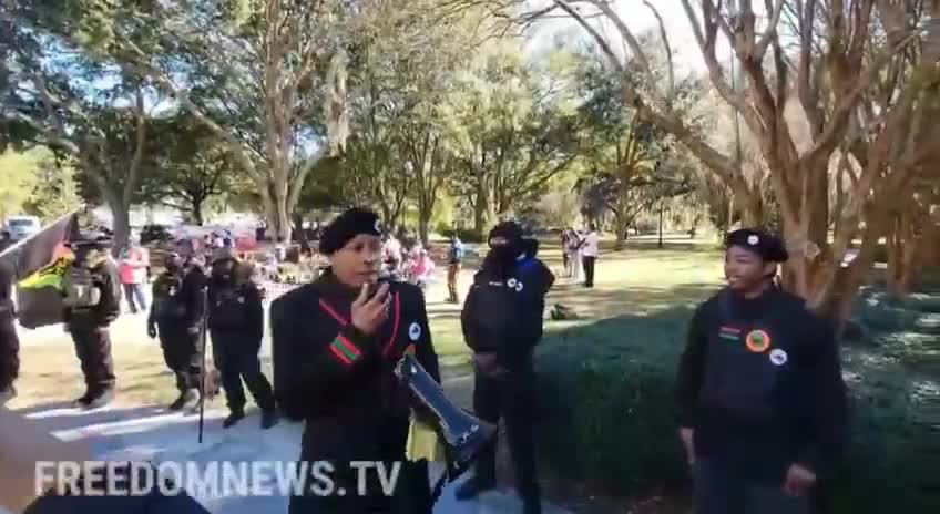 Brunswick Georgia - Black Militia outside of Glynn County Courthouse chanting Black Power.