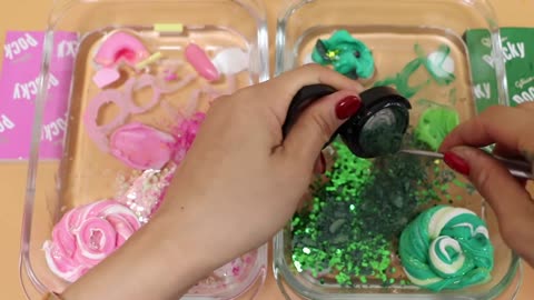 Mixing”Pink VS Green” Eyeshadow and Makeup,parts,glitter Into Slime!Satisfying Slime Video!★ASMR★