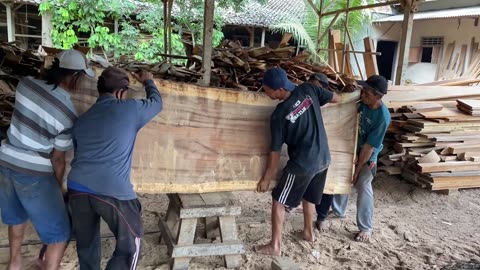 The Process of Chopping a Giant Trembesi Tree into a Table Board in a Sawmill