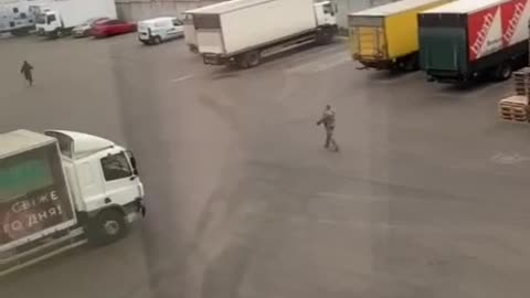 A trucker is running away from a TCC punisher, and he's firing at him.