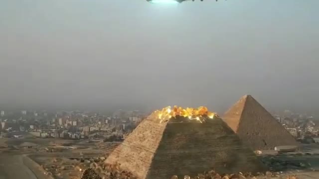 Planetary flying ship attacking pyramids