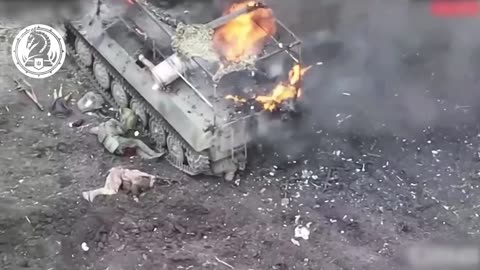 Russian BMP-3 running over a mine near Avdivka. Aftermath footage shows 3 KIA RU soldiers near it