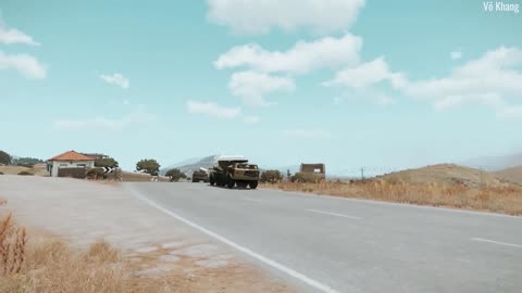 The 9K52 Luna-M short-range missile vehicle moves on the way to the firing range