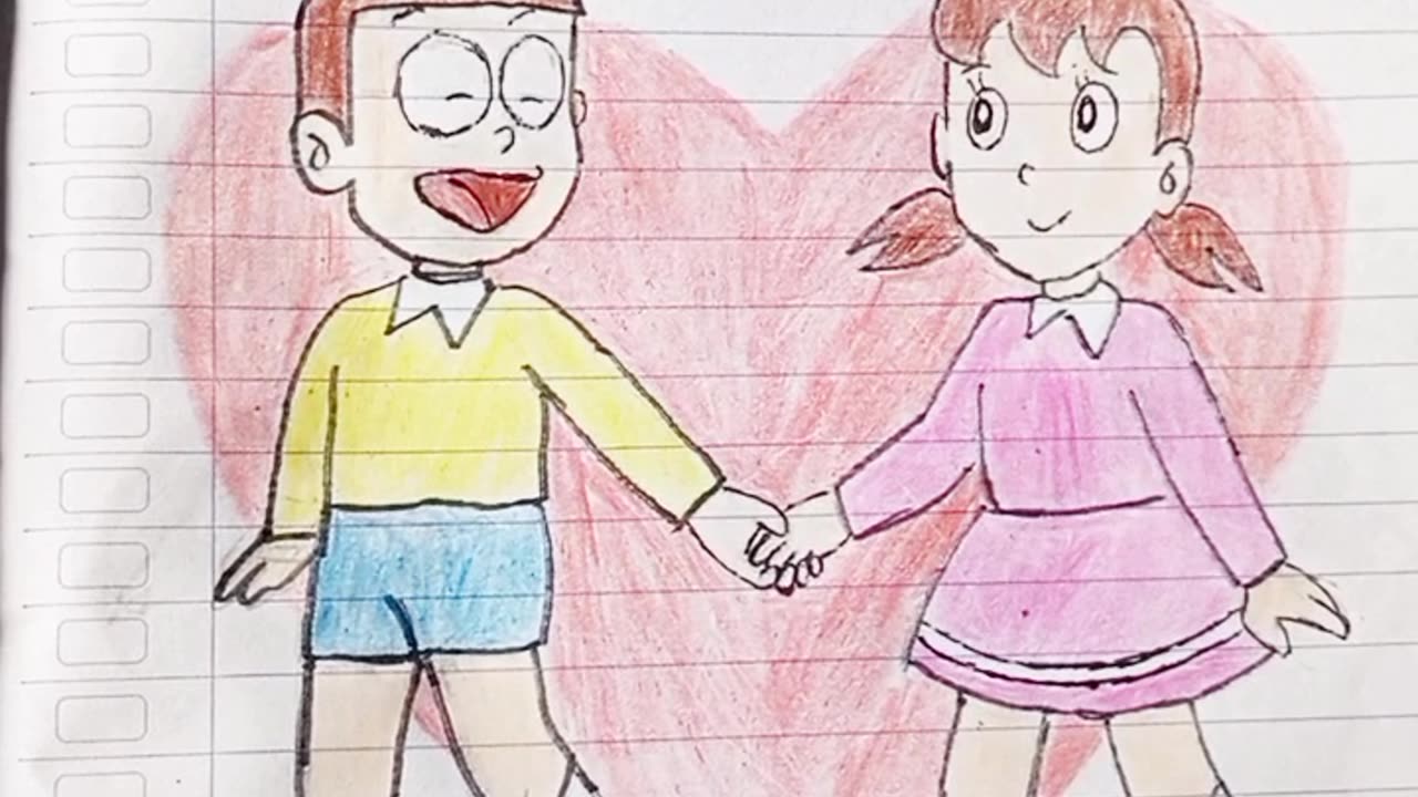 Nobita and Shizuka drawing using a pencil and coloring