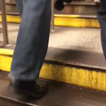 Man rides motorized suitcase out of stairs