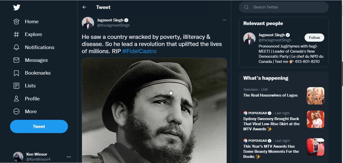 Jagmeet Singh, Mourns death of Castro | "He lead a revolution that uplifted the lives of millions."