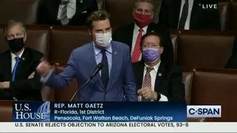 Matt Gaetz addresses the house during the final hours of Trump's presidency.