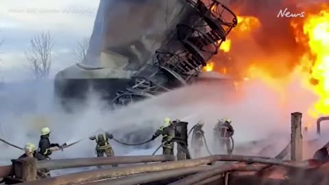 Fire rages after oil depot struck by Russian missile in Lutsk, Ukraine