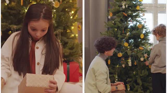 A Young Girl Surprised With Her Christmas Gifts vs A Mother and Son Decorating the Christmas Tree