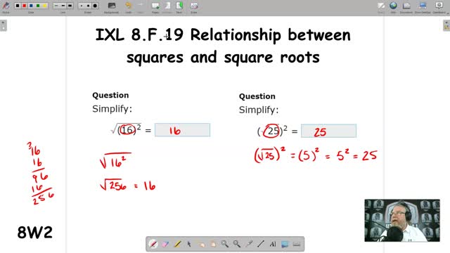 Relationship between squares and square roots - IXL 8.F.19 (8W2)