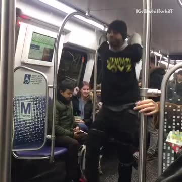 Guys in black and yellow shirts perform on subway train