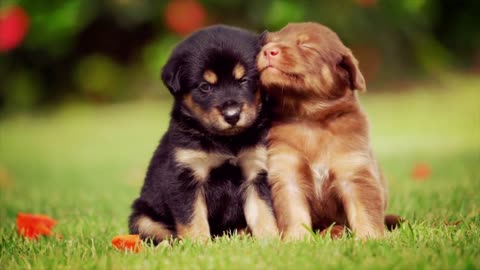 Puppies playing hugging