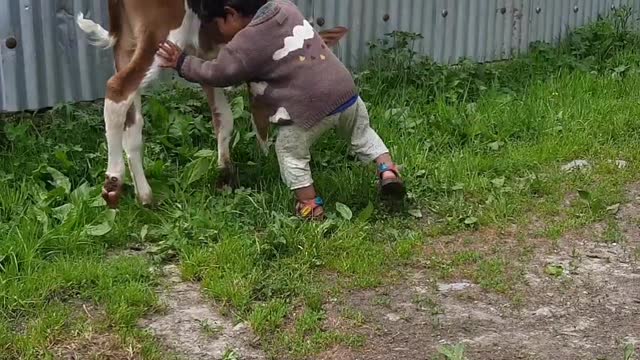 Cute baby is playing with A friend in the ground