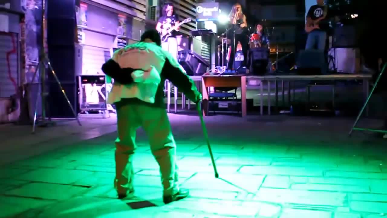 dancing old guy in water company