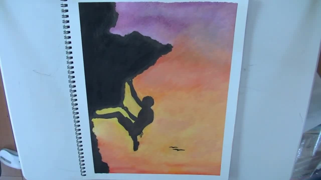 Oil Pastel Painting Rock Climbing at Dawn