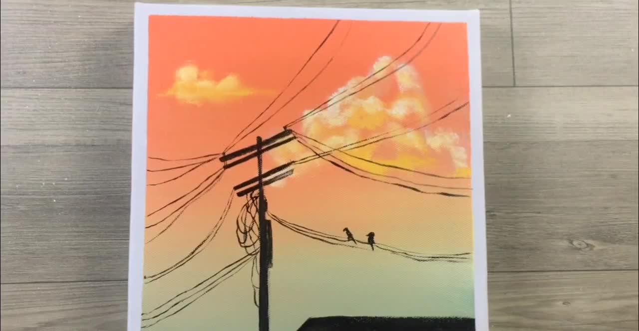 Telephone pole sunset, easy acrylic painting