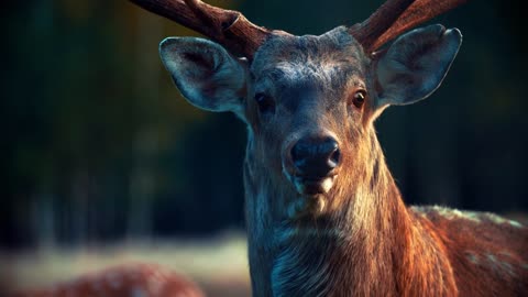 A male sika deer looks at the camera, then runs away. Wild animal