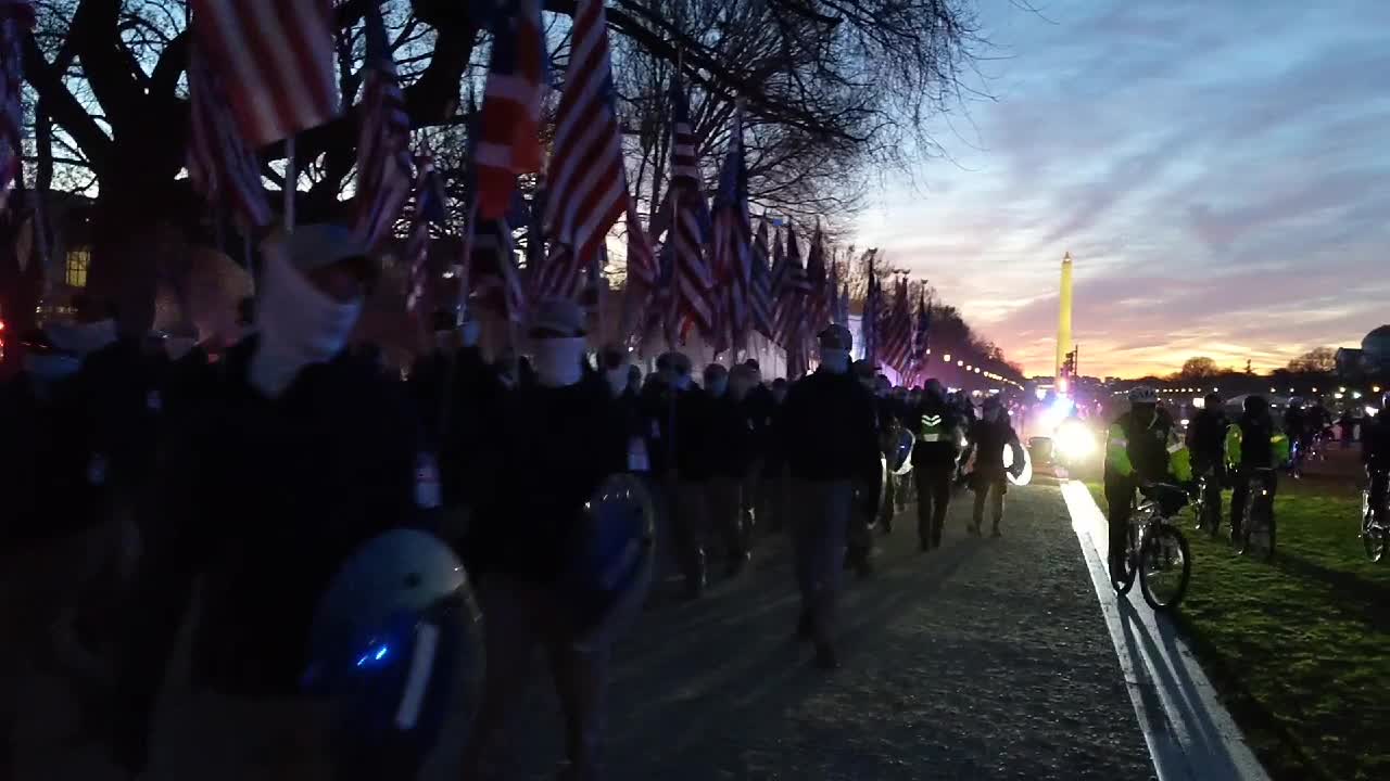 "Patriot Front" marching on the national mall in Washington, DC, chanting "reclaim America"