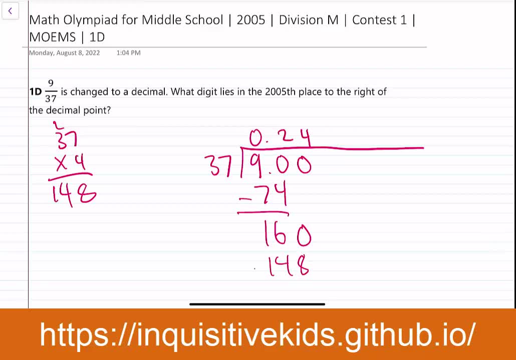 Math Olympiad for Middle School | 2005 | Division M | Contest 1 | MOEMS | 1D