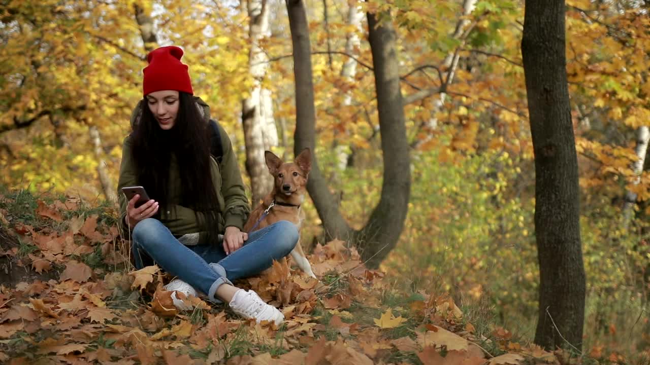 Woman checking her phone while walking her dog