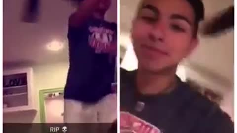 Guy snapchatting hits his head on ceiling fan double perspective