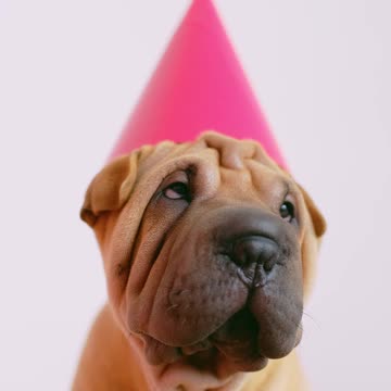 cute wrinkled puppy with a party hat