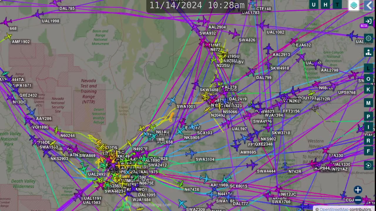 Airplane Traffic Tijme Lapse for Nevada Utah California - Nov 20th 2024 -