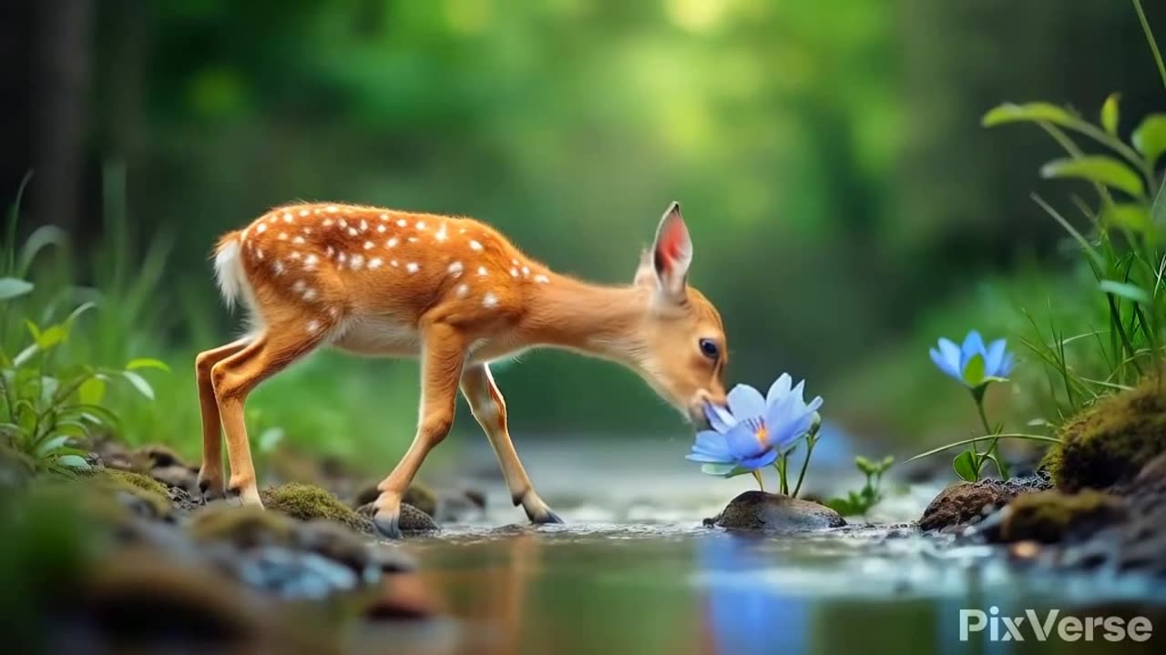 Young buck by the river smelling a flower