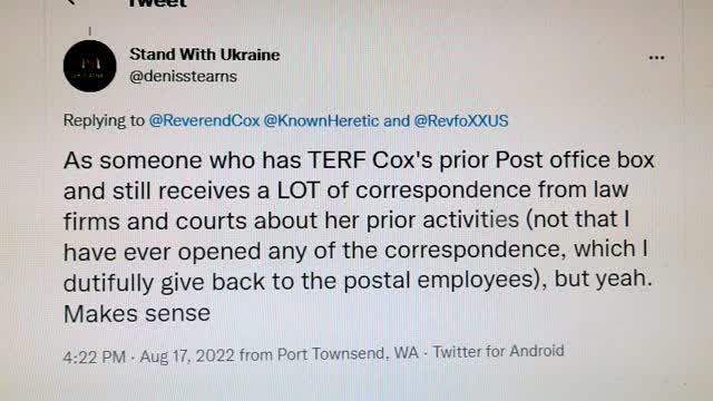 Denis Stears of Port Townsend Calls Reverend Crystal Cox Slurs. Reads Her Legal Dox