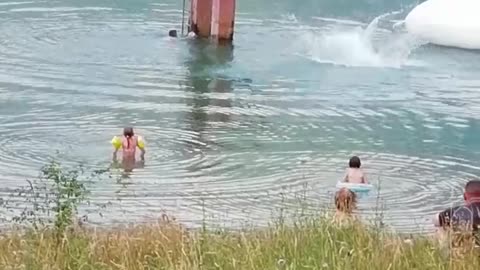 Guy jumps off of small red platform poles in lake fail