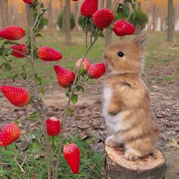 A little rabbit eats strawberries, they taste so delicious