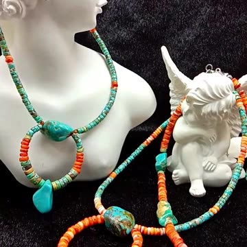 Natural turquoise beads and spiny oyster garnet beads necklace pendant choker 04