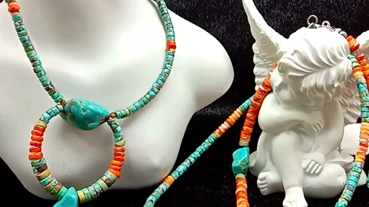 Natural turquoise beads and spiny oyster garnet beads necklace pendant choker 04