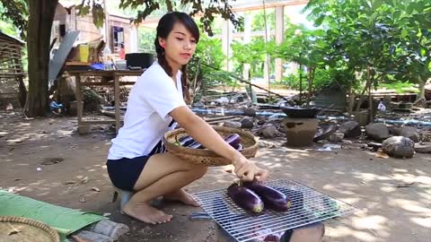 Yummy cooking Eggplant with pork recipe _ Cooking skills _ Khmer Survival Skills