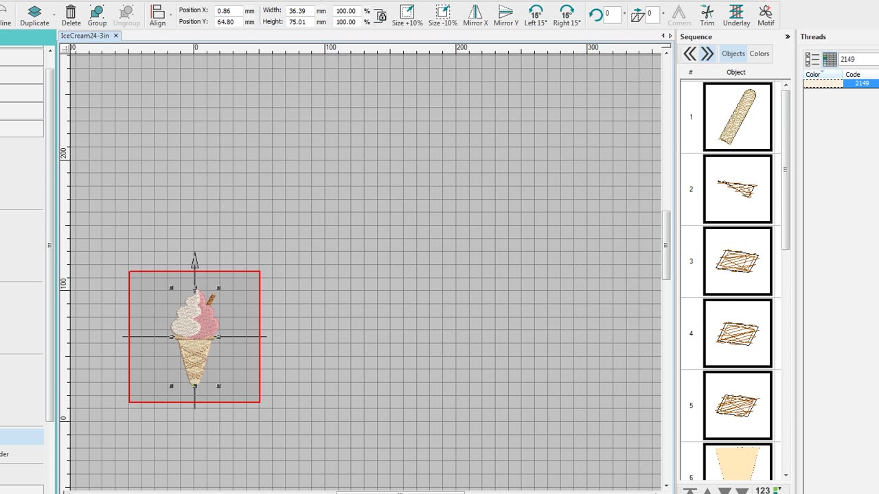 Playing around with elements to make new ice cream cone embroidery designs in Wilcom Hatch