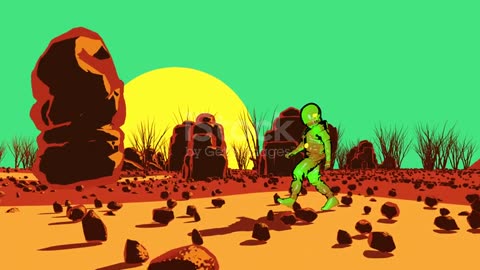 Futuristic cartoon astronaut walking in barren landscape | Astronaut Walking